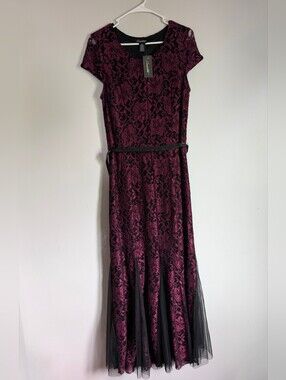 Burgundy Lace Maxi Dress with Belt